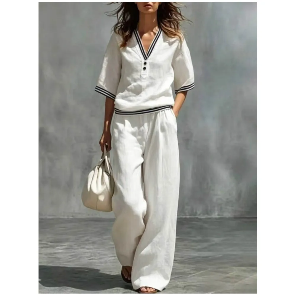 Fashion Linen Striped Color Block V-neck Short-sleeved Top Women Suit Summer Casual Daily Versatile Wide-leg Trousers-2piece Set thumbnail 3