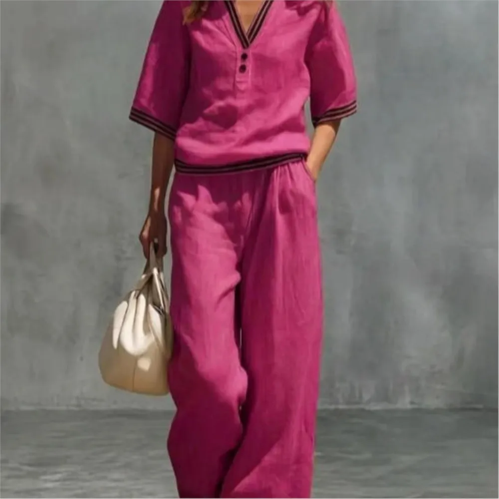 Fashion Linen Striped Color Block V-neck Short-sleeved Top Women Suit Summer Casual Daily Versatile Wide-leg Trousers-2piece Set thumbnail 6