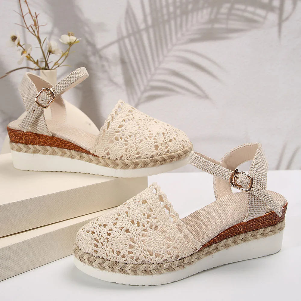 Women's Summer Crochet Espadrilles Platform Wedge Sandals Ankle Strap Buckle Closed Toe Breathable Hollow Casual Beach Shoes thumbnail 6