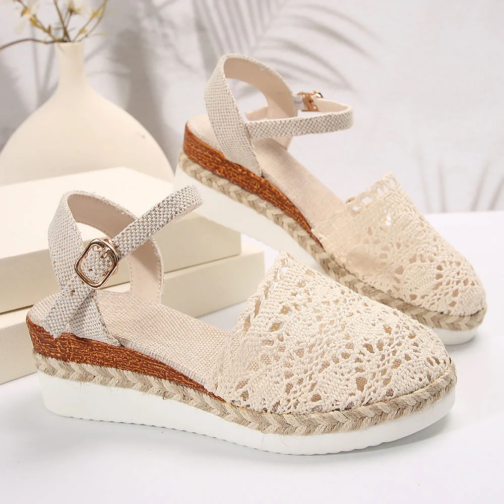 Women's Summer Crochet Espadrilles Platform Wedge Sandals Ankle Strap Buckle Closed Toe Breathable Hollow Casual Beach Shoes thumbnail 5