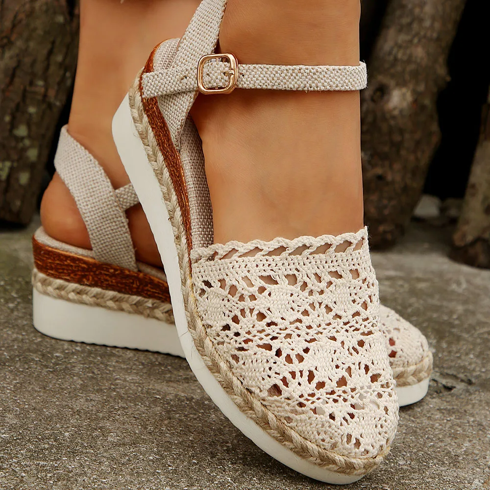 Women's Summer Crochet Espadrilles Platform Wedge Sandals Ankle Strap Buckle Closed Toe Breathable Hollow Casual Beach Shoes thumbnail 4