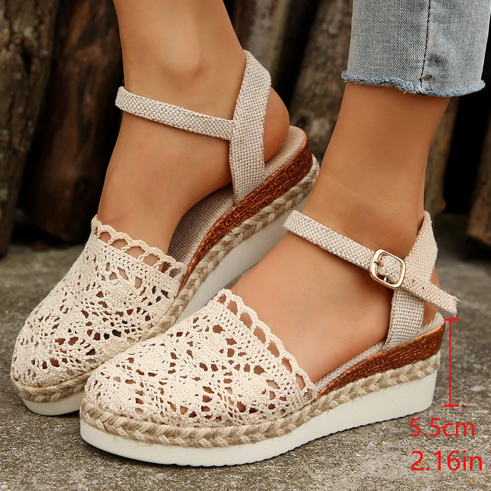Women's Summer Crochet Espadrilles Platform Wedge Sandals Ankle Strap Buckle Closed Toe Breathable Hollow Casual Beach Shoes