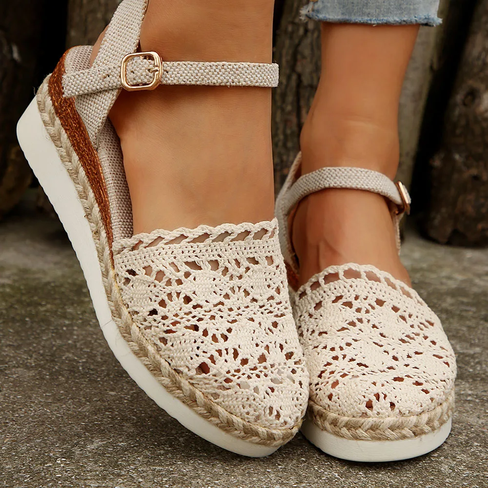 Women's Summer Crochet Espadrilles Platform Wedge Sandals Ankle Strap Buckle Closed Toe Breathable Hollow Casual Beach Shoes thumbnail 3