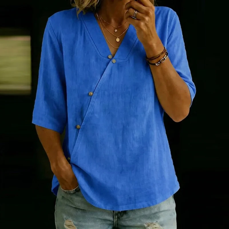 Summer Women Shirt Blouses Top V Neck Button Design 3/4 Sleeve Loose Tee Casual Cotton Linen Women T-Shirts Solid Color Tops thumbnail 6