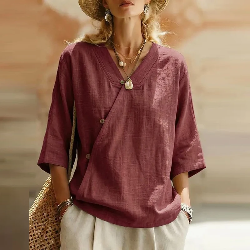 Summer Women Shirt Blouses Top V Neck Button Design 3/4 Sleeve Loose Tee Casual Cotton Linen Women T-Shirts Solid Color Tops thumbnail 5
