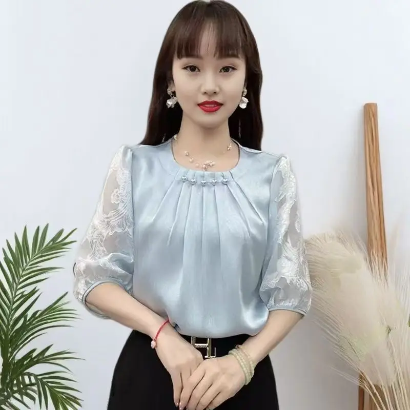 Vintage Simplicity Half Sleeve Loose Shirt Tops Summer New All-match Pleated Elegant Print Blouse Fashion Office Women Clothing thumbnail 5