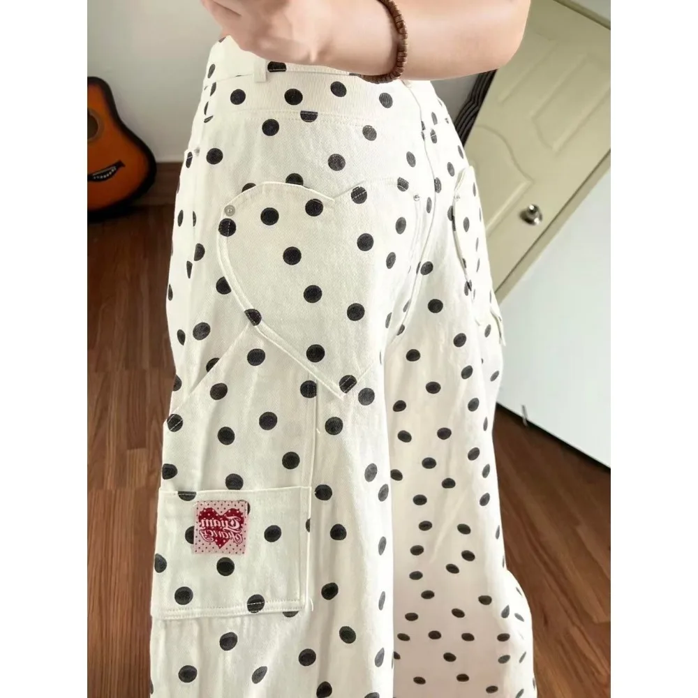 American Retro White High-Waisted Polka Dot Wide-Leg Jeans 2026 Summer New Women's Loose Slimming Casual VersatDrapey Trousers thumbnail 4