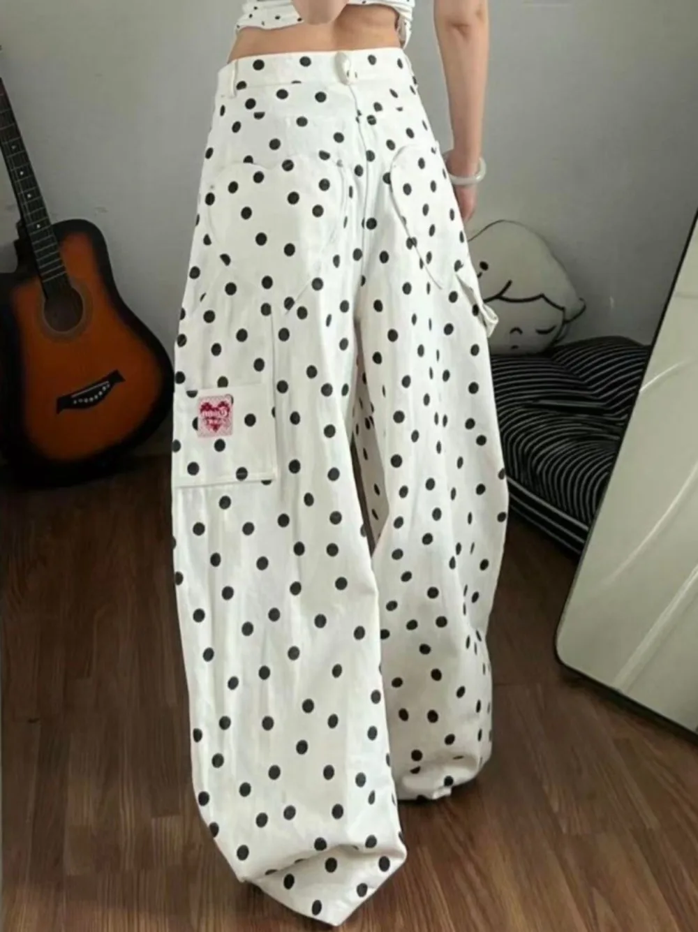 American Retro White High-Waisted Polka Dot Wide-Leg Jeans 2026 Summer New Women's Loose Slimming Casual VersatDrapey Trousers thumbnail 3