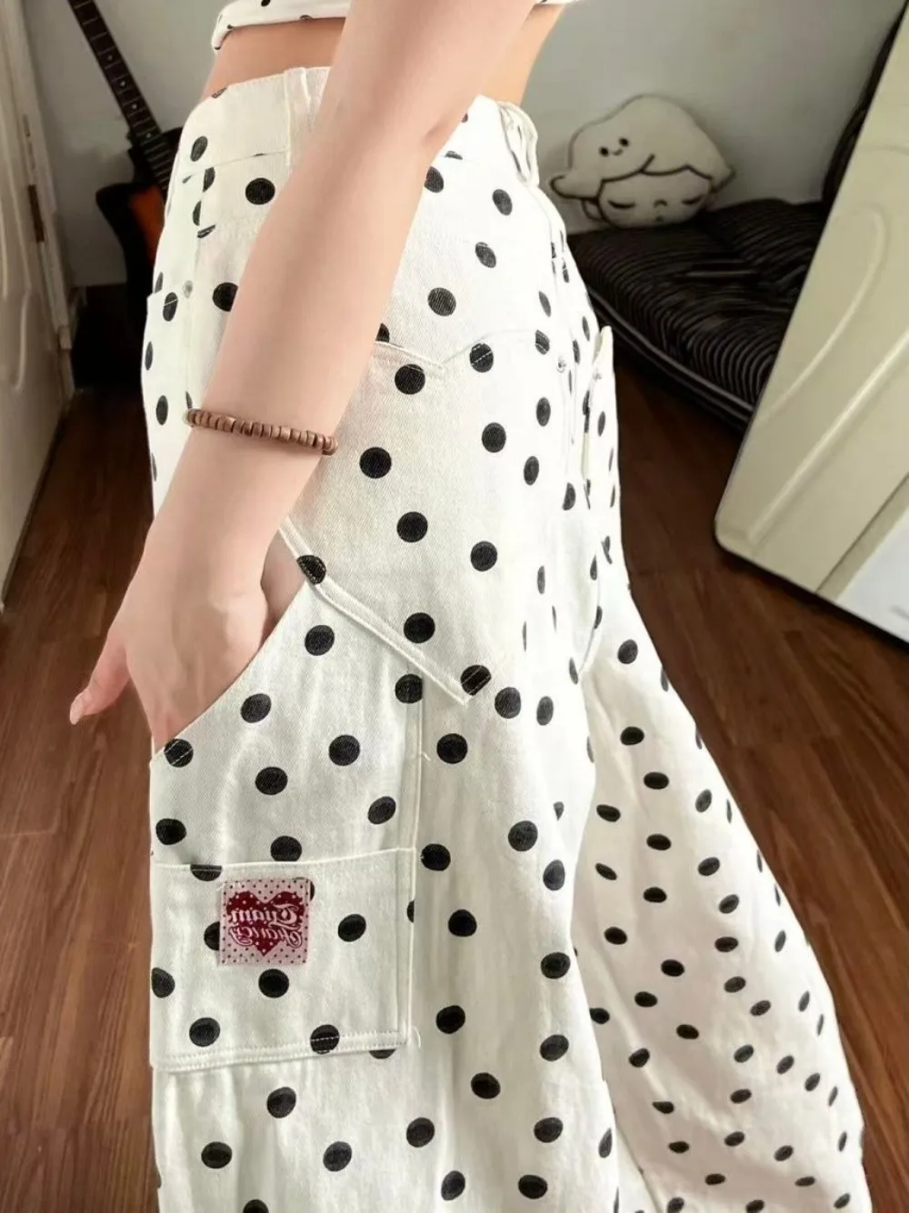 American Retro White High-Waisted Polka Dot Wide-Leg Jeans 2026 Summer New Women's Loose Slimming Casual VersatDrapey Trousers thumbnail 5