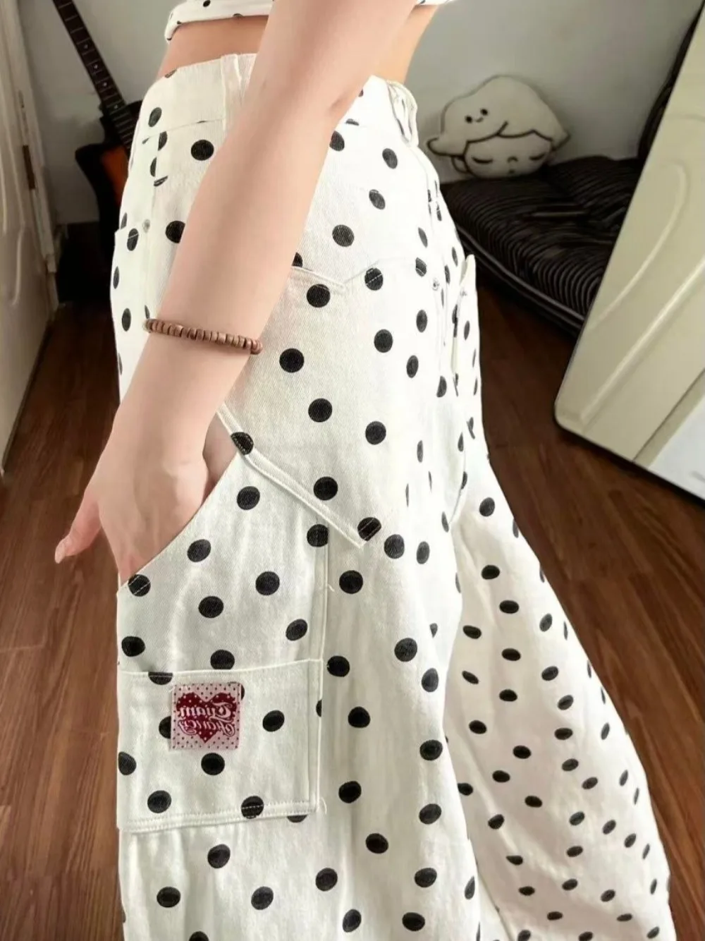 American Retro White High-Waisted Polka Dot Wide-Leg Jeans 2026 Summer New Women's Loose Slimming Casual VersatDrapey Trousers thumbnail 2