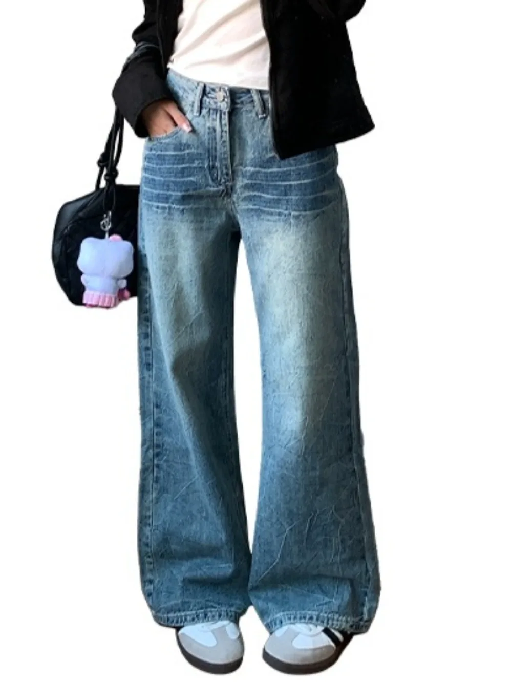 Women's American Retro Loose Wide-leg Jeans Y2K High Street Trendy New Distressed Water Ripple Drapey Straight-leg Denim Pants thumbnail 5