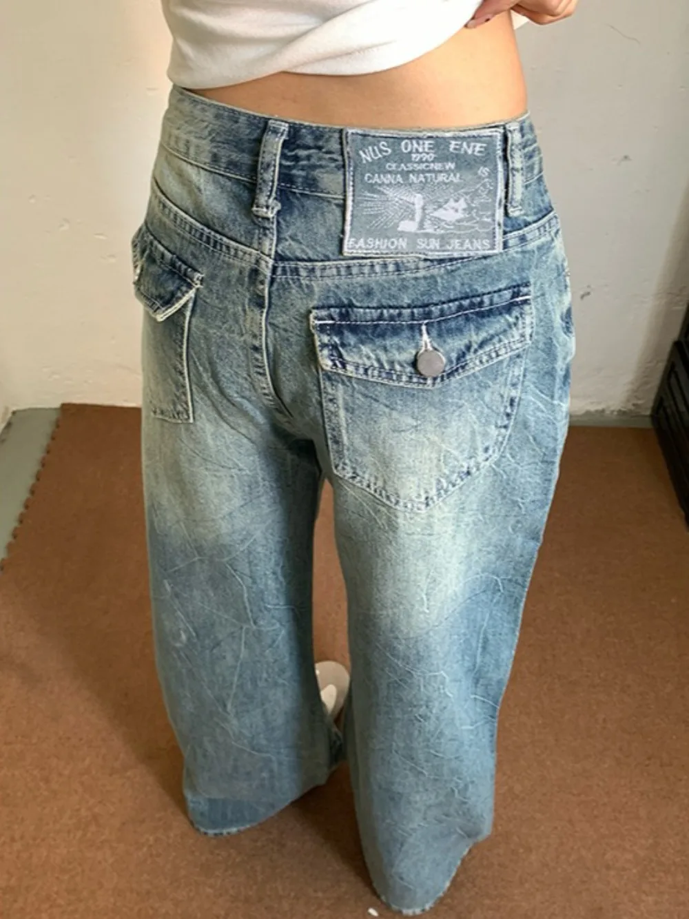 Women's American Retro Loose Wide-leg Jeans Y2K High Street Trendy New Distressed Water Ripple Drapey Straight-leg Denim Pants thumbnail 2