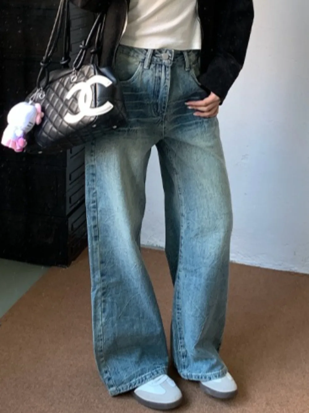 Women's American Retro Loose Wide-leg Jeans Y2K High Street Trendy New Distressed Water Ripple Drapey Straight-leg Denim Pants thumbnail 4