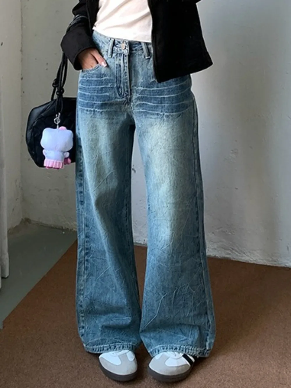 Women's American Retro Loose Wide-leg Jeans Y2K High Street Trendy New Distressed Water Ripple Drapey Straight-leg Denim Pants thumbnail 3