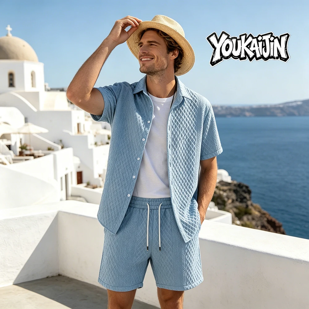 Summer New Men's Casual White Sportswear Shirt with A Lapel Men's Short-sleeved Button Shirt and Shorts Jacquard Texture Suit thumbnail 5