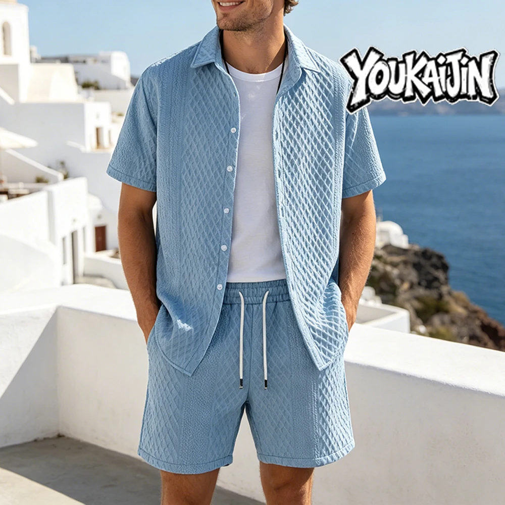 Summer New Men's Casual White Sportswear Shirt with A Lapel Men's Short-sleeved Button Shirt and Shorts Jacquard Texture Suit thumbnail 4