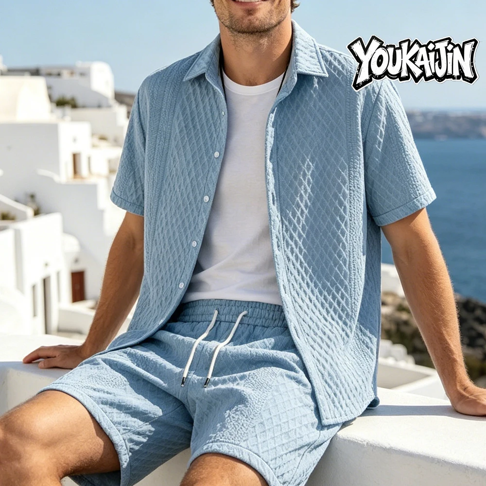 Summer New Men's Casual White Sportswear Shirt with A Lapel Men's Short-sleeved Button Shirt and Shorts Jacquard Texture Suit thumbnail 6