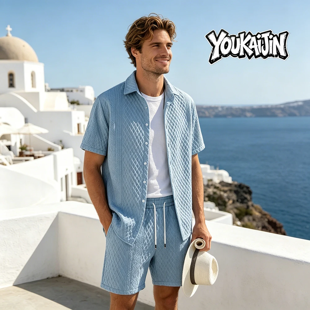 Summer New Men's Casual White Sportswear Shirt with A Lapel Men's Short-sleeved Button Shirt and Shorts Jacquard Texture Suit thumbnail 2