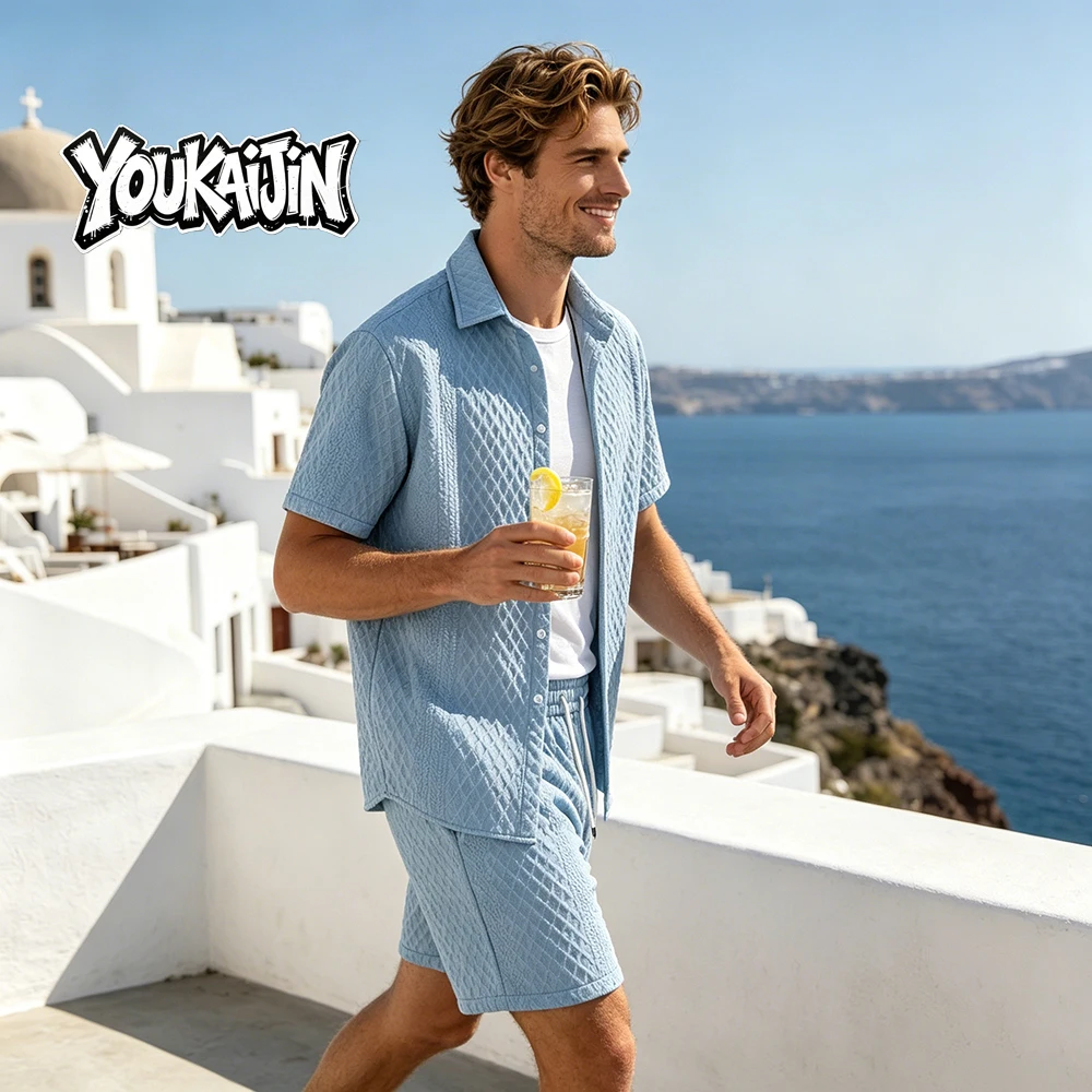 Summer New Men's Casual White Sportswear Shirt with A Lapel Men's Short-sleeved Button Shirt and Shorts Jacquard Texture Suit thumbnail 3