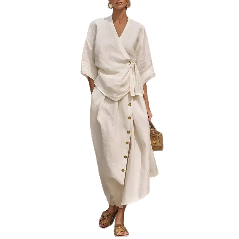 New 2026 Spring Summer Women 3/4 Sleeve V-neck Tie Waist Blouse Top + Loose Button Midi Skirt Ladies Two-piece Clothing Set thumbnail 5