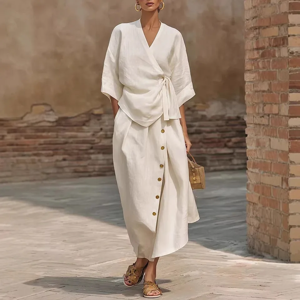 New 2026 Spring Summer Women 3/4 Sleeve V-neck Tie Waist Blouse Top + Loose Button Midi Skirt Ladies Two-piece Clothing Set thumbnail 3