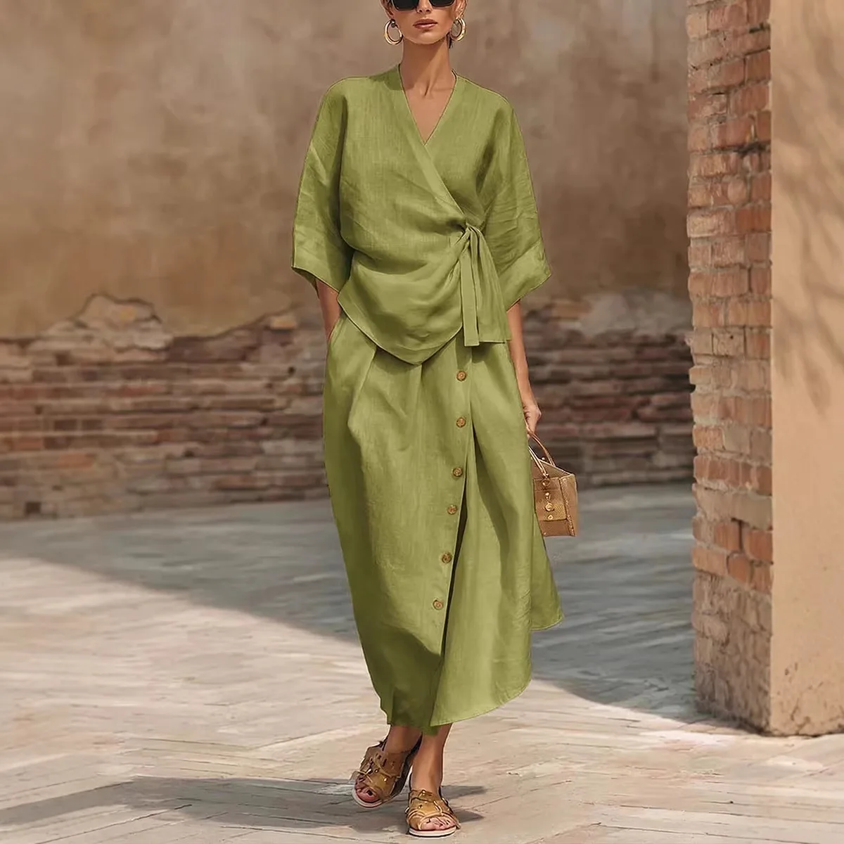 New 2026 Spring Summer Women 3/4 Sleeve V-neck Tie Waist Blouse Top + Loose Button Midi Skirt Ladies Two-piece Clothing Set thumbnail 4