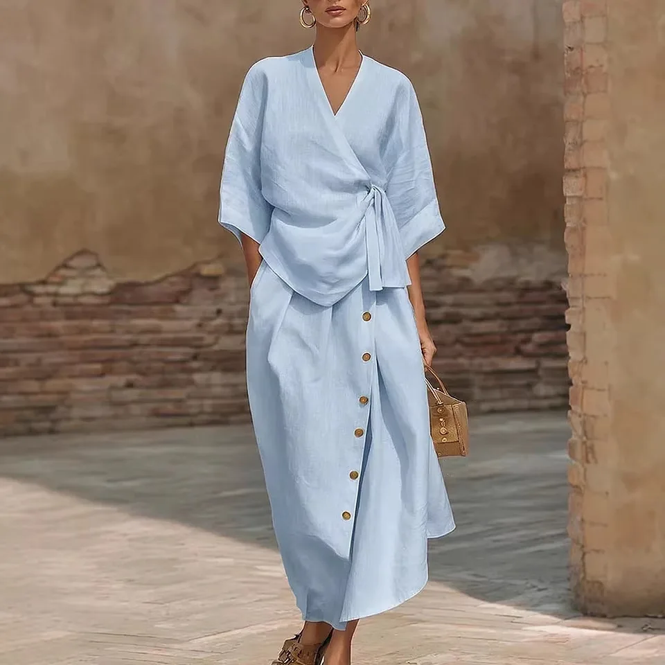 New 2026 Spring Summer Women 3/4 Sleeve V-neck Tie Waist Blouse Top + Loose Button Midi Skirt Ladies Two-piece Clothing Set