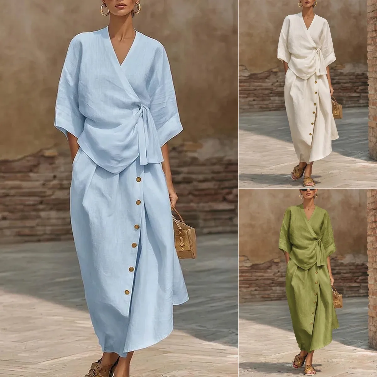 New 2026 Spring Summer Women 3/4 Sleeve V-neck Tie Waist Blouse Top + Loose Button Midi Skirt Ladies Two-piece Clothing Set thumbnail 2