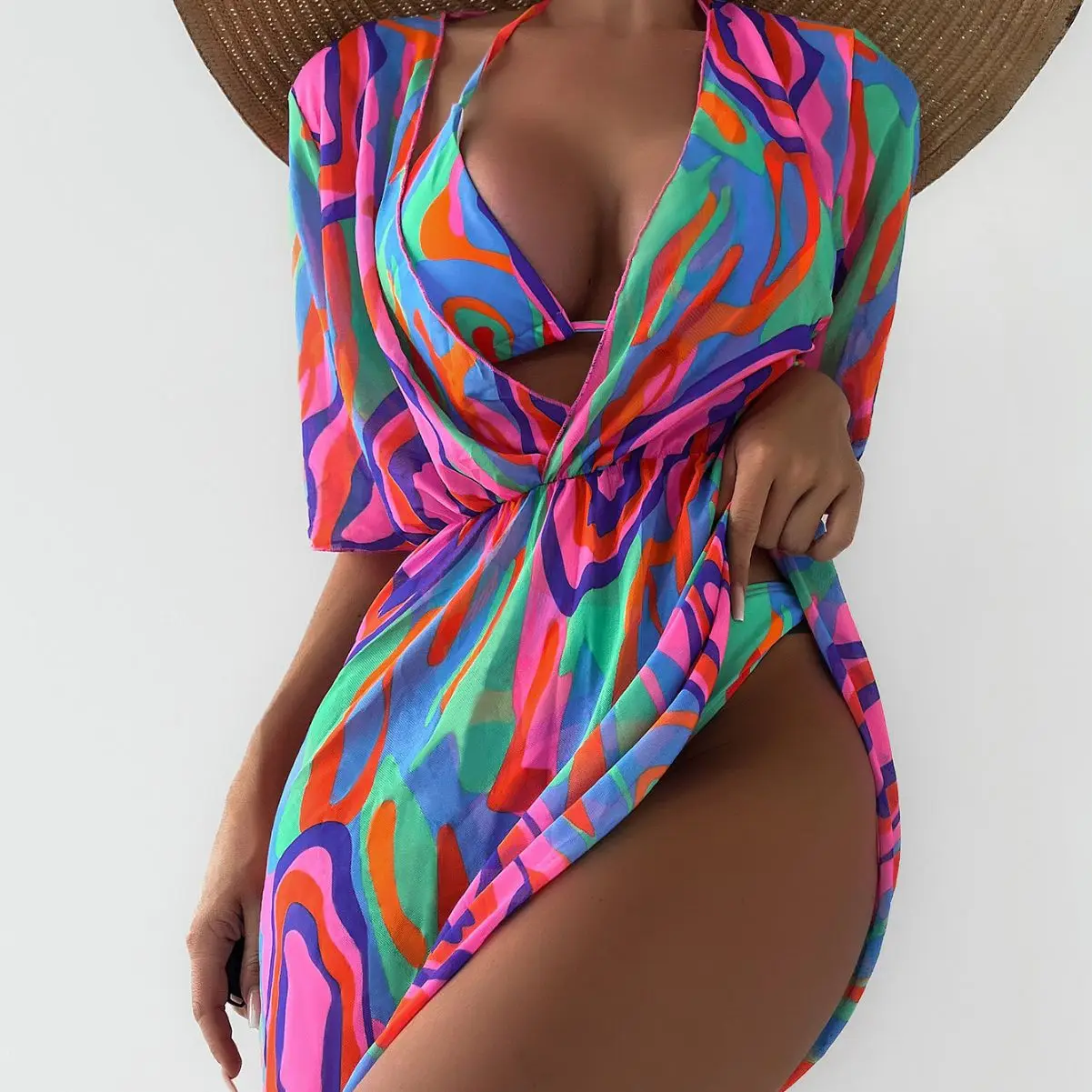 Women’s Fashion Multicolor Print Bikini Sets 3 Piece Swimwear with Mesh Cover Up Sheer Split Swimsuit Beach Vacation