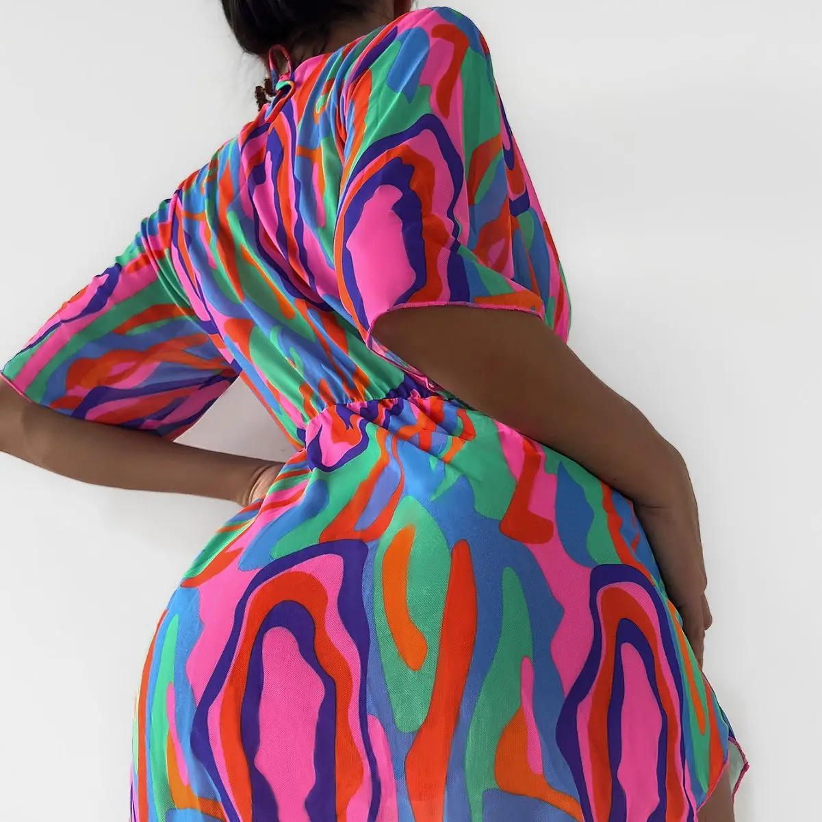 Women’s Fashion Multicolor Print Bikini Sets 3 Piece Swimwear with Mesh Cover Up Sheer Split Swimsuit Beach Vacation thumbnail 3