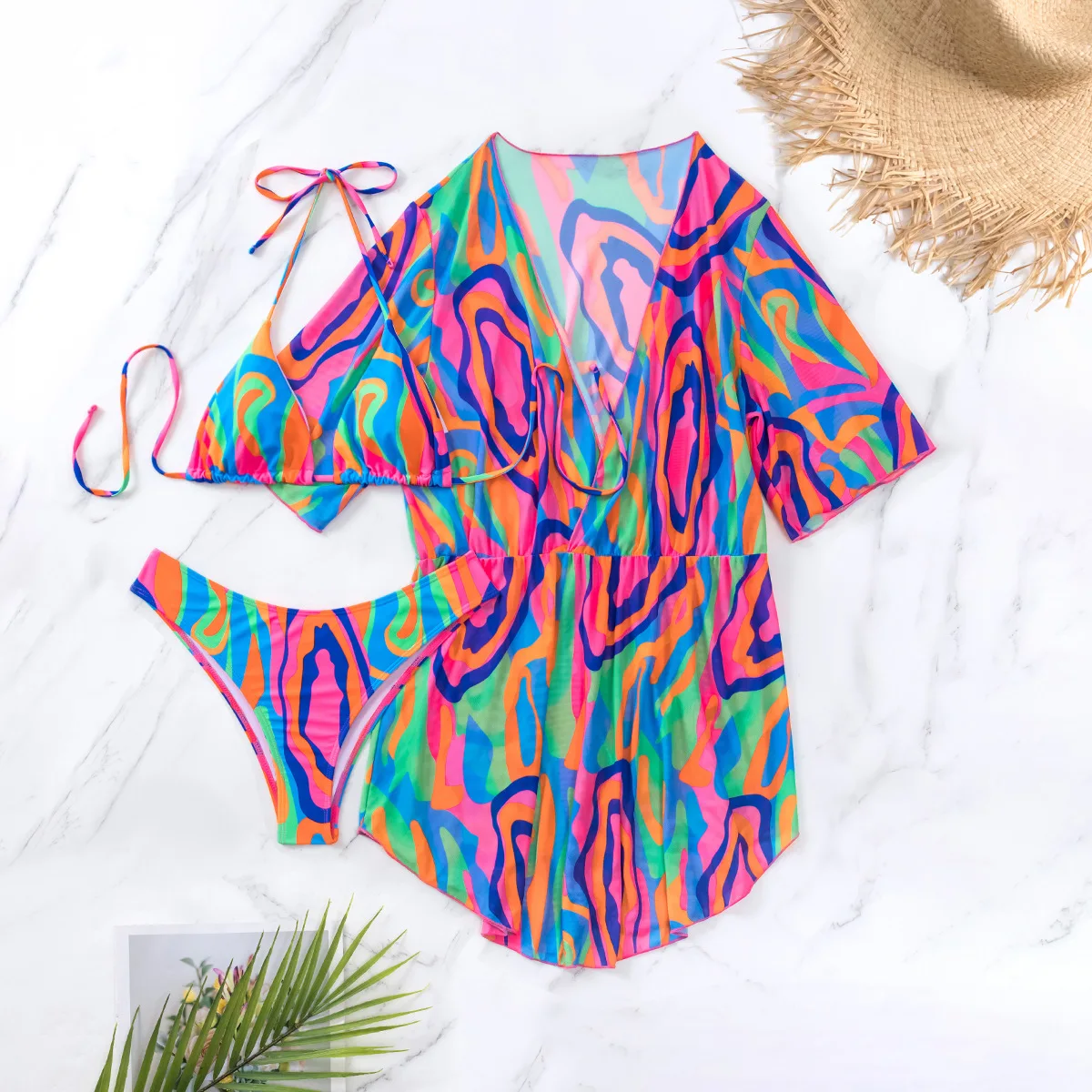 Women’s Fashion Multicolor Print Bikini Sets 3 Piece Swimwear with Mesh Cover Up Sheer Split Swimsuit Beach Vacation thumbnail 5