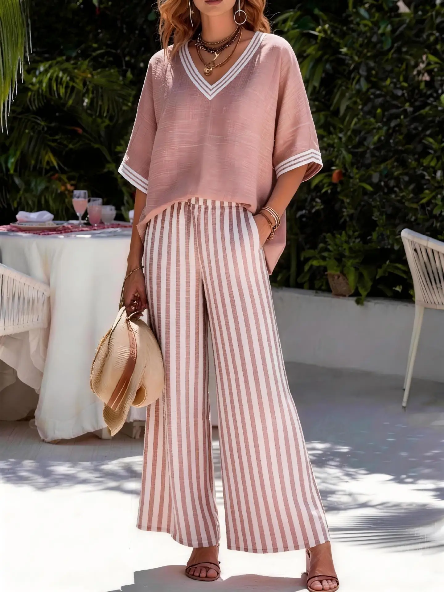 New 2026 Summer Women Loose Half Sleeve V-neck T-shirt Top + Striped Wide-leg Pants Outfits Ladies Casual Two-piece Clothing Set thumbnail 6