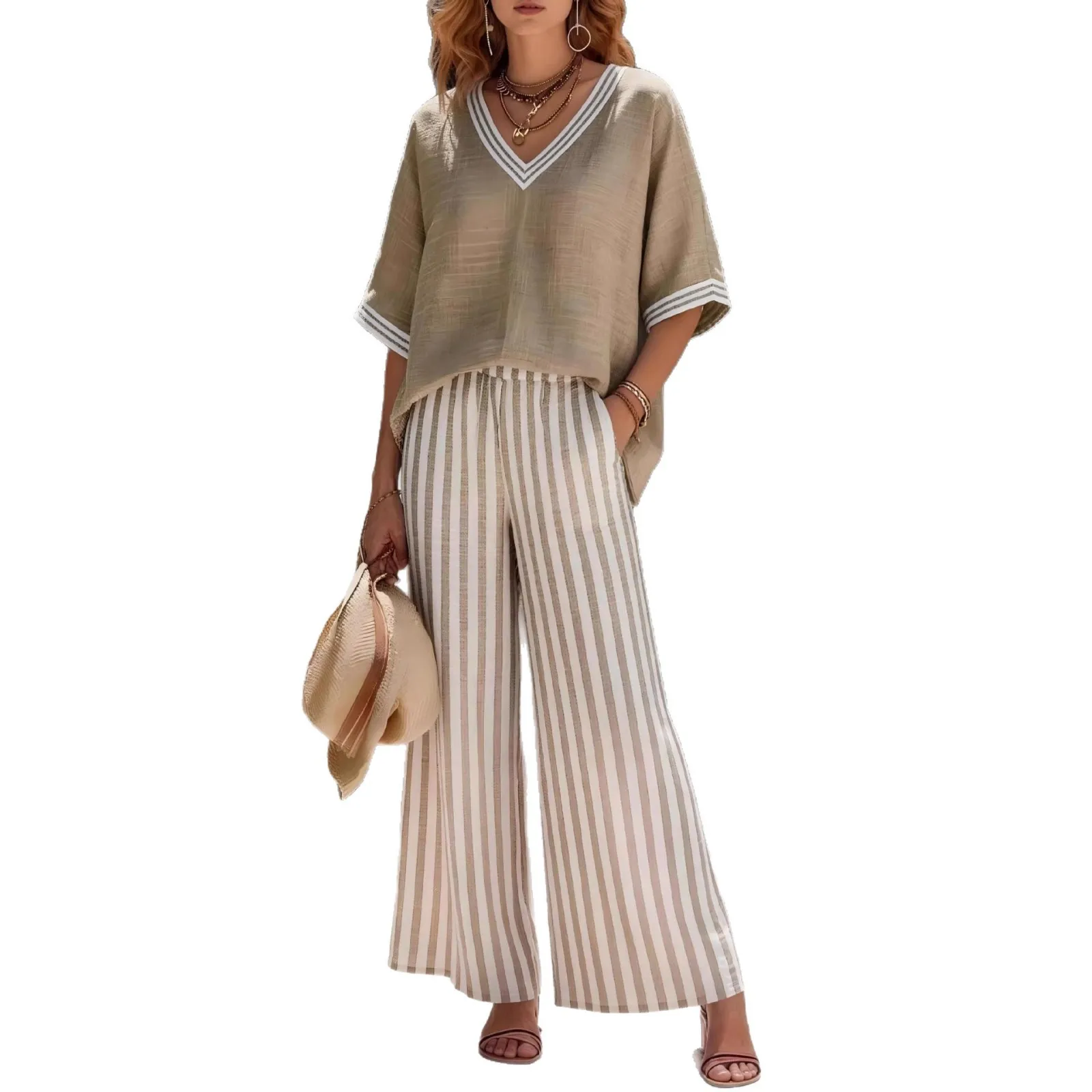 New 2026 Summer Women Loose Half Sleeve V-neck T-shirt Top + Striped Wide-leg Pants Outfits Ladies Casual Two-piece Clothing Set thumbnail 5
