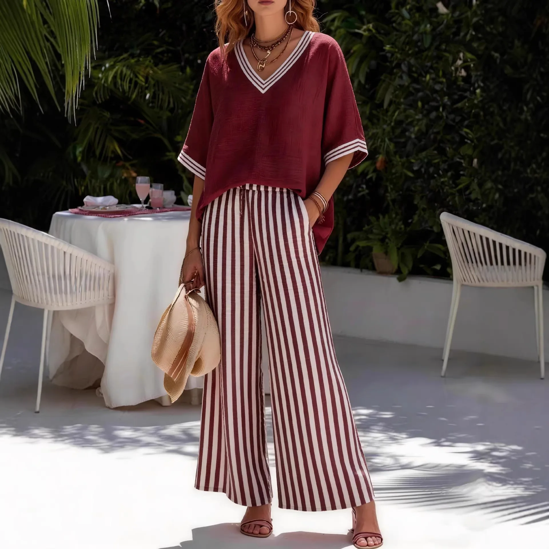 New 2026 Summer Women Loose Half Sleeve V-neck T-shirt Top + Striped Wide-leg Pants Outfits Ladies Casual Two-piece Clothing Set thumbnail 4