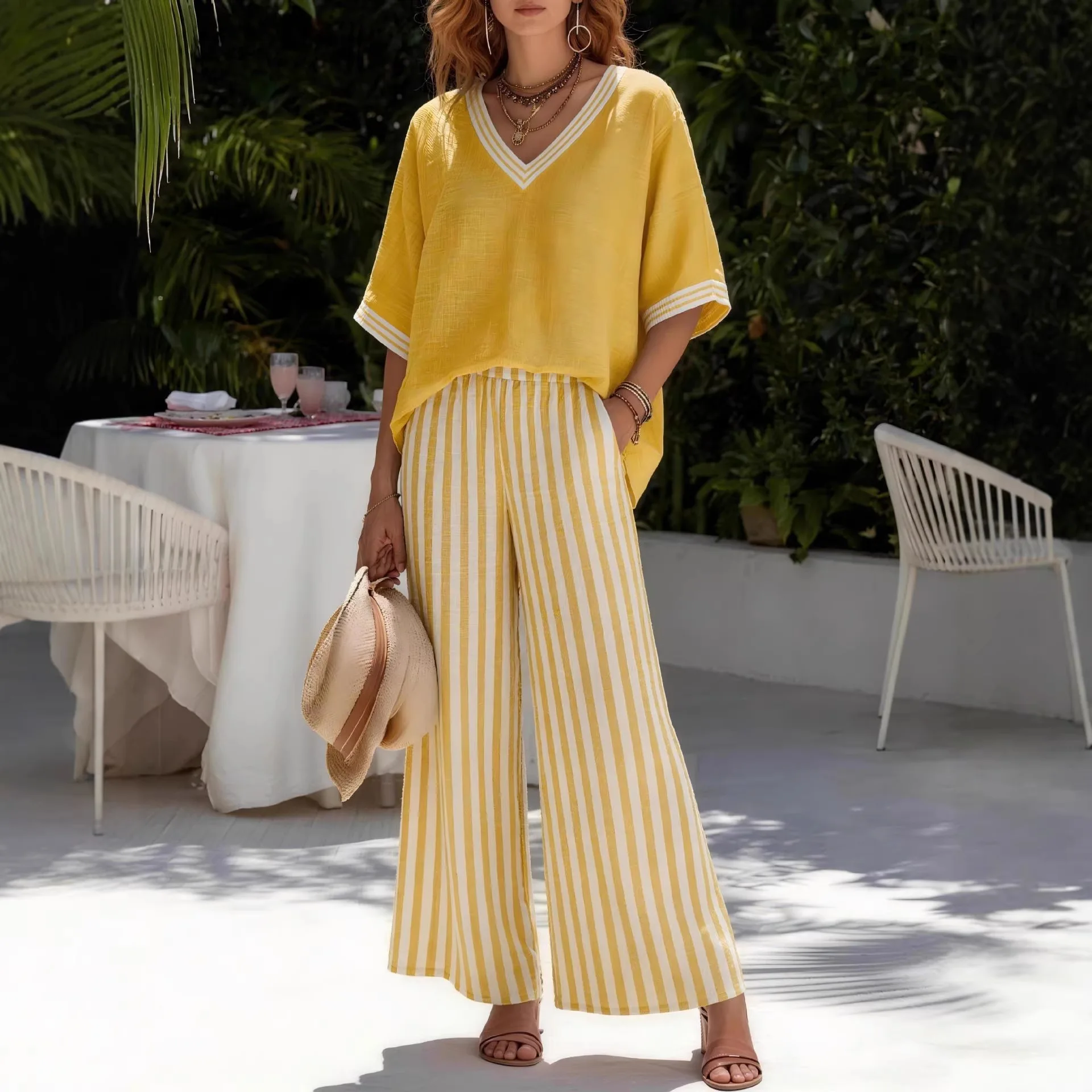 New 2026 Summer Women Loose Half Sleeve V-neck T-shirt Top + Striped Wide-leg Pants Outfits Ladies Casual Two-piece Clothing Set thumbnail 3