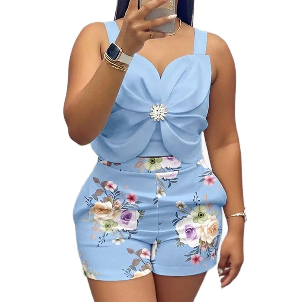 Sexy Bandeau Off-the-shoulder Women's Short-sleeved Top Shorts Set Summer New With Printed Pattern Female Beach Vacation Outfit thumbnail 5