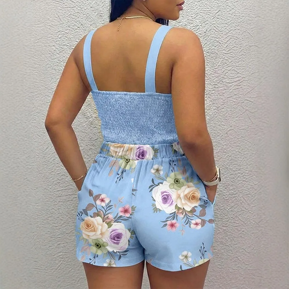 Sexy Bandeau Off-the-shoulder Women's Short-sleeved Top Shorts Set Summer New With Printed Pattern Female Beach Vacation Outfit thumbnail 3