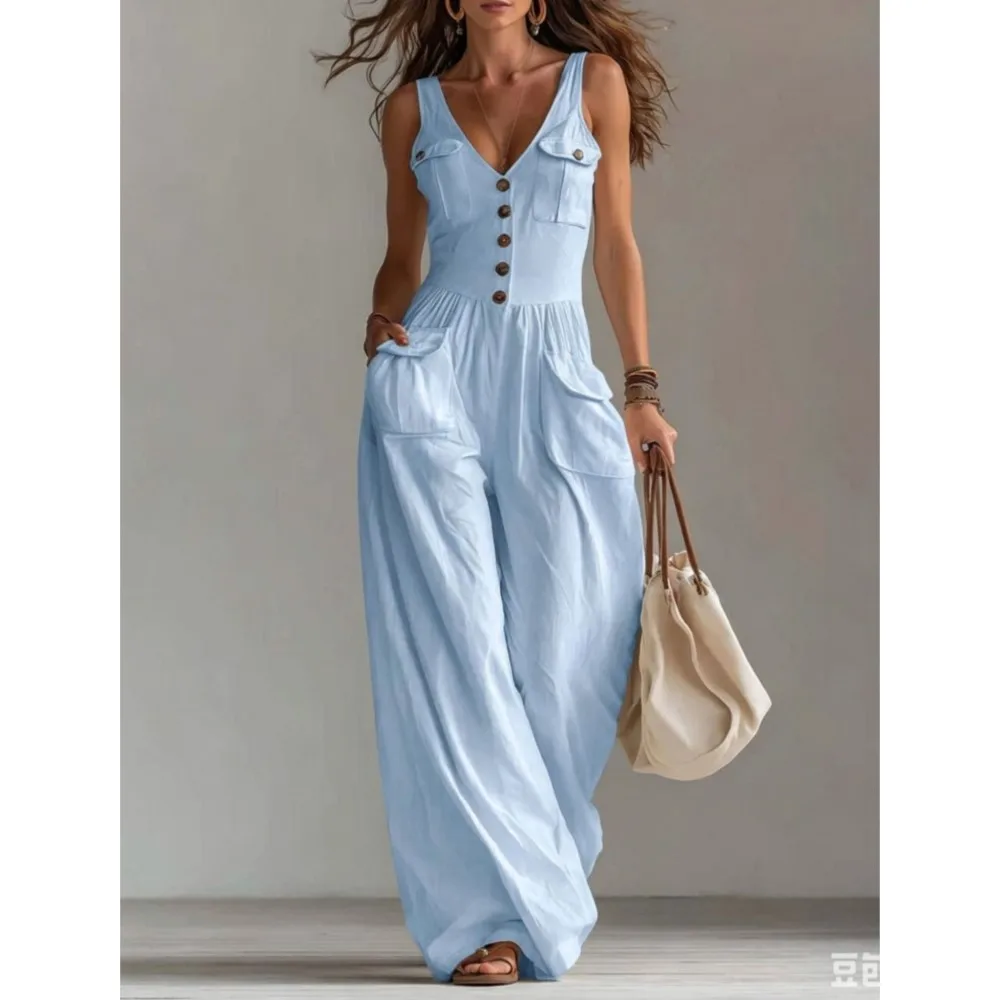 Women's Fashion Light Blue V Neck Buttoned Wide Leg Jumpsuit Summer Casual Linen Sleeveless High Waist Pocket Jumpsuit Female