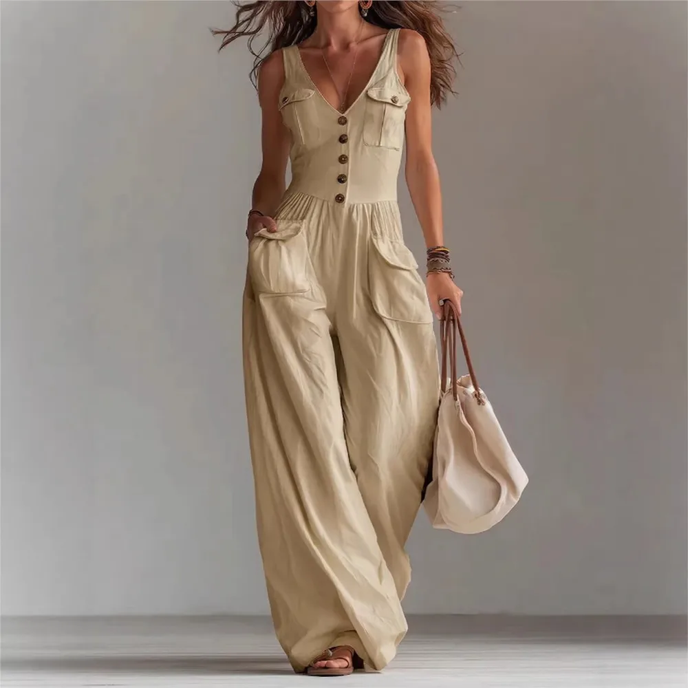 Women's Fashion Light Blue V Neck Buttoned Wide Leg Jumpsuit Summer Casual Linen Sleeveless High Waist Pocket Jumpsuit Female thumbnail 3