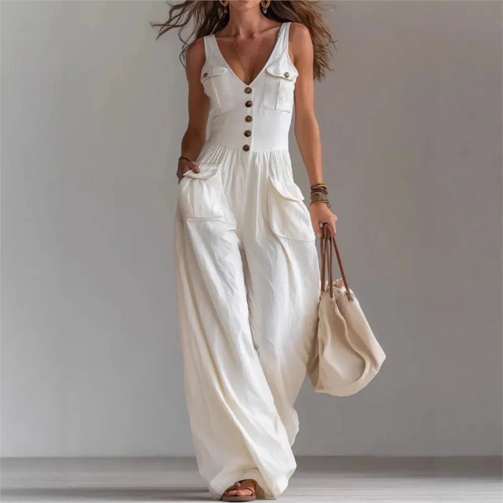 Women's Fashion Light Blue V Neck Buttoned Wide Leg Jumpsuit Summer Casual Linen Sleeveless High Waist Pocket Jumpsuit Female thumbnail 5
