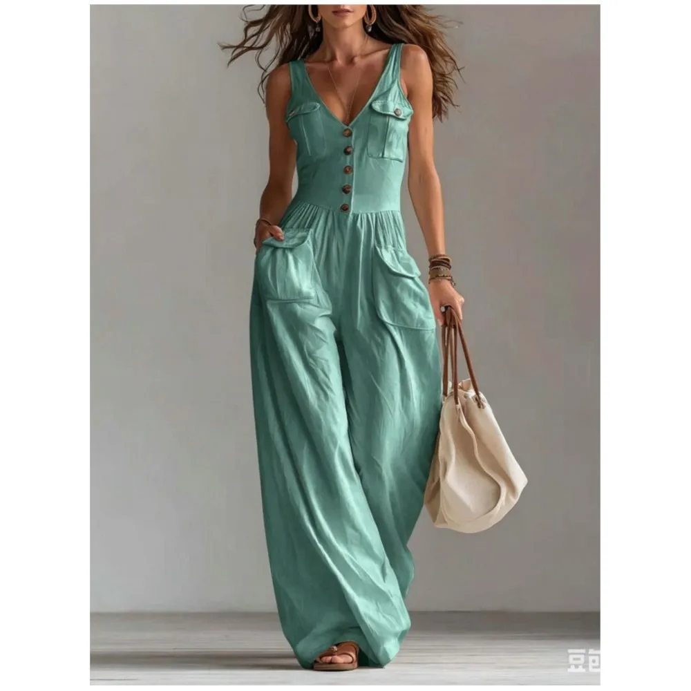 Women's Fashion Light Blue V Neck Buttoned Wide Leg Jumpsuit Summer Casual Linen Sleeveless High Waist Pocket Jumpsuit Female thumbnail 2