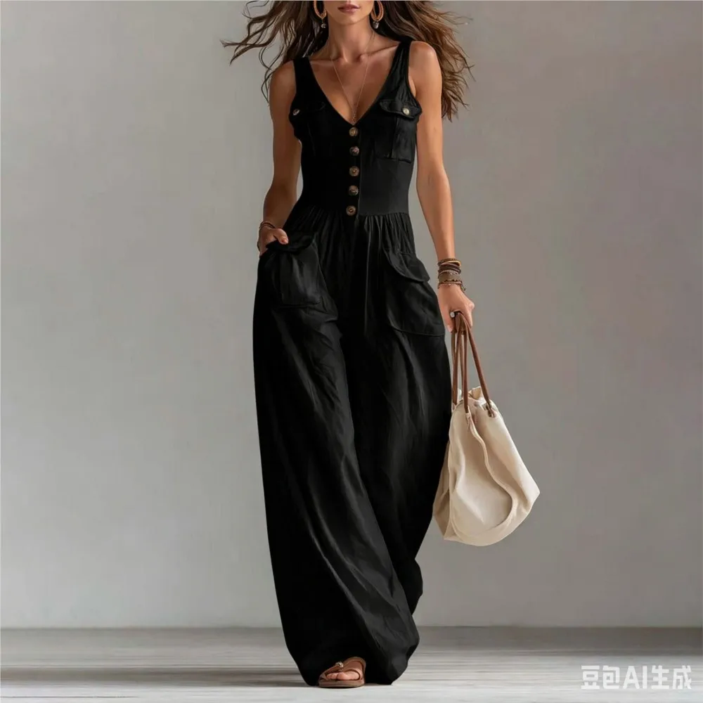 Women's Fashion Light Blue V Neck Buttoned Wide Leg Jumpsuit Summer Casual Linen Sleeveless High Waist Pocket Jumpsuit Female thumbnail 6