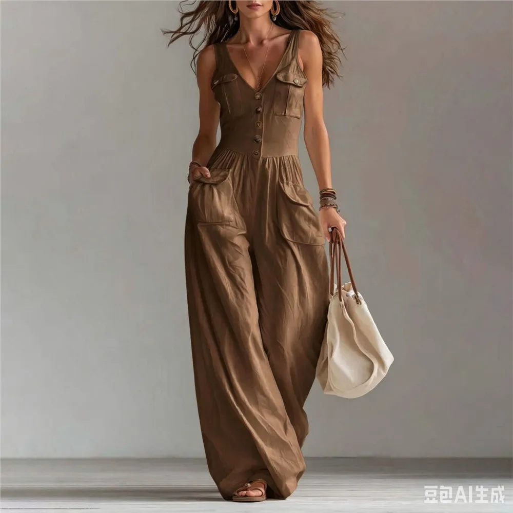 Women's Fashion Light Blue V Neck Buttoned Wide Leg Jumpsuit Summer Casual Linen Sleeveless High Waist Pocket Jumpsuit Female thumbnail 4