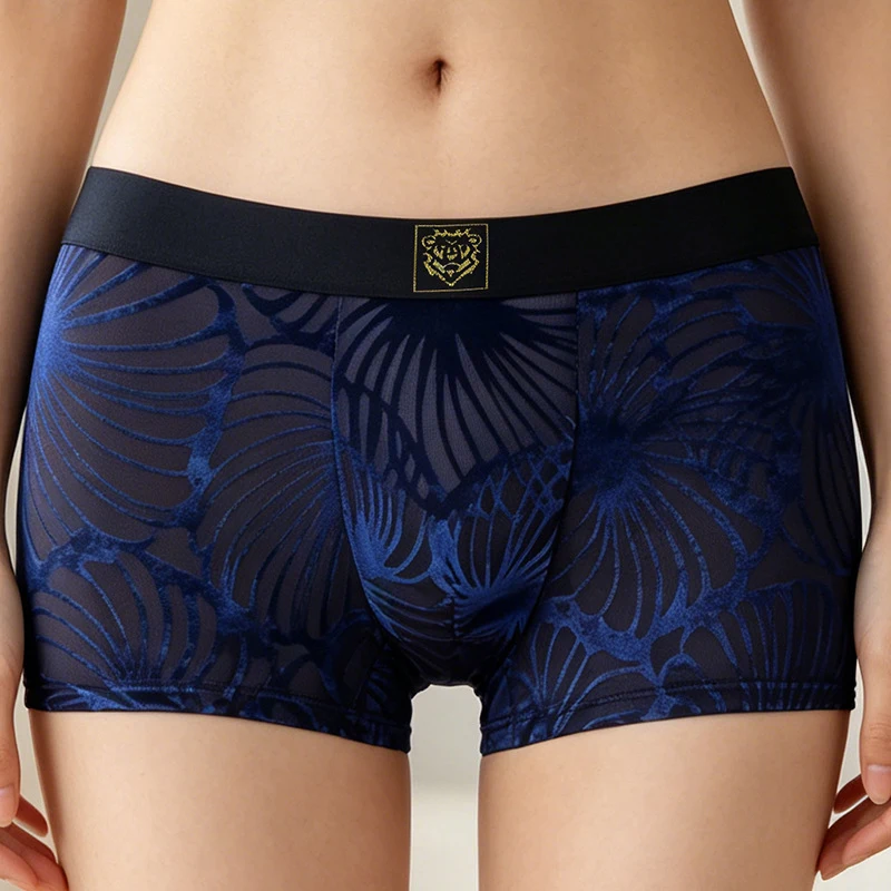 Men's Ice Silk Boxer Briefs Retro Palm Leaf Velvet Print Gold Logo Waistband Ice Cold Ultra Thin High Elastic Male Trunks thumbnail 5