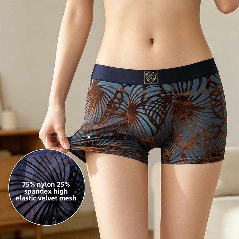 Men's Ice Silk Boxer Briefs Retro Palm Leaf Velvet Print Gold Logo Waistband Ice Cold Ultra Thin High Elastic Male Trunks thumbnail 3