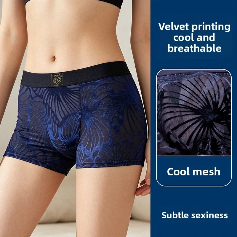 Men's Ice Silk Boxer Briefs Retro Palm Leaf Velvet Print Gold Logo Waistband Ice Cold Ultra Thin High Elastic Male Trunks thumbnail 4