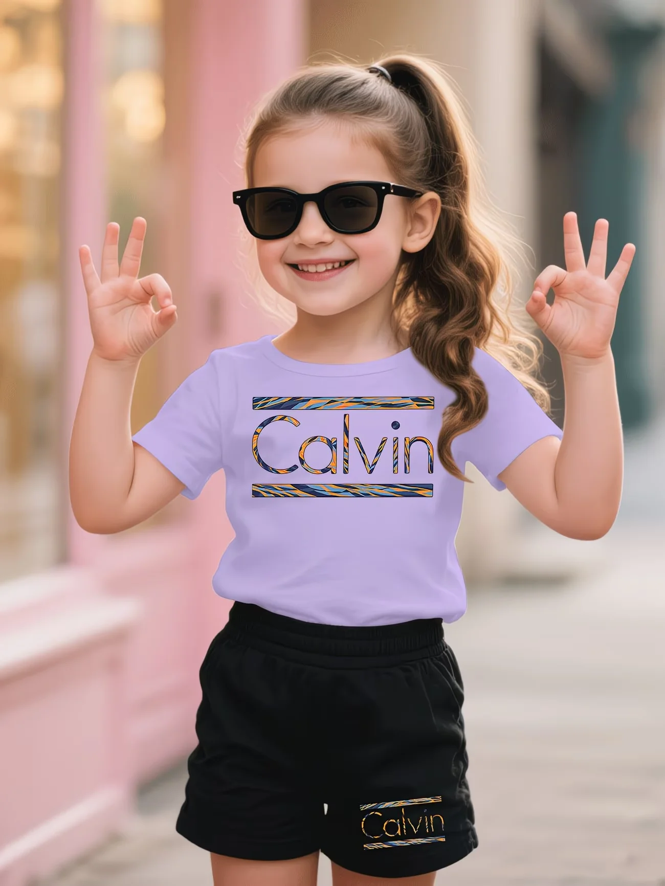 Girls 2Pcs Summer  Print Short Sleeve T-Shirt + Shorts Set Pink Black Casual Sportswear Kids Streetwear Tracksuit thumbnail 2