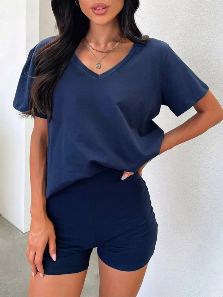 Summer V-neck Casual Solid Short-sleeved Shorts Suit New Fashion Elegant Balck Office Holiday Party Woman 2 Piece Set Outfit thumbnail 3