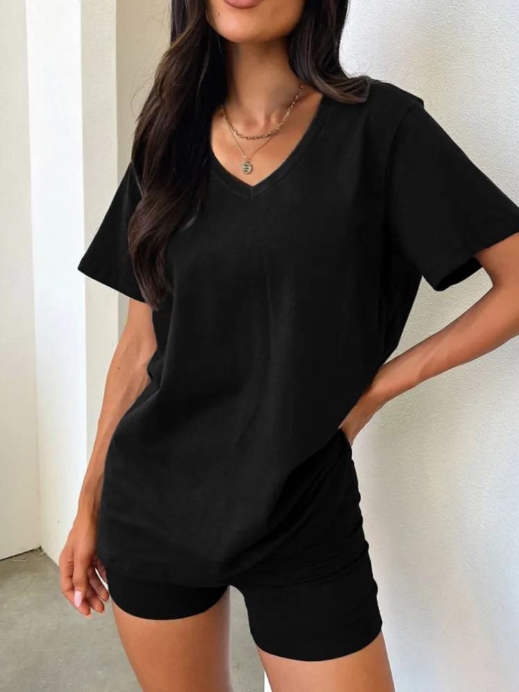 Summer V-neck Casual Solid Short-sleeved Shorts Suit New Fashion Elegant Balck Office Holiday Party Woman 2 Piece Set Outfit thumbnail 2