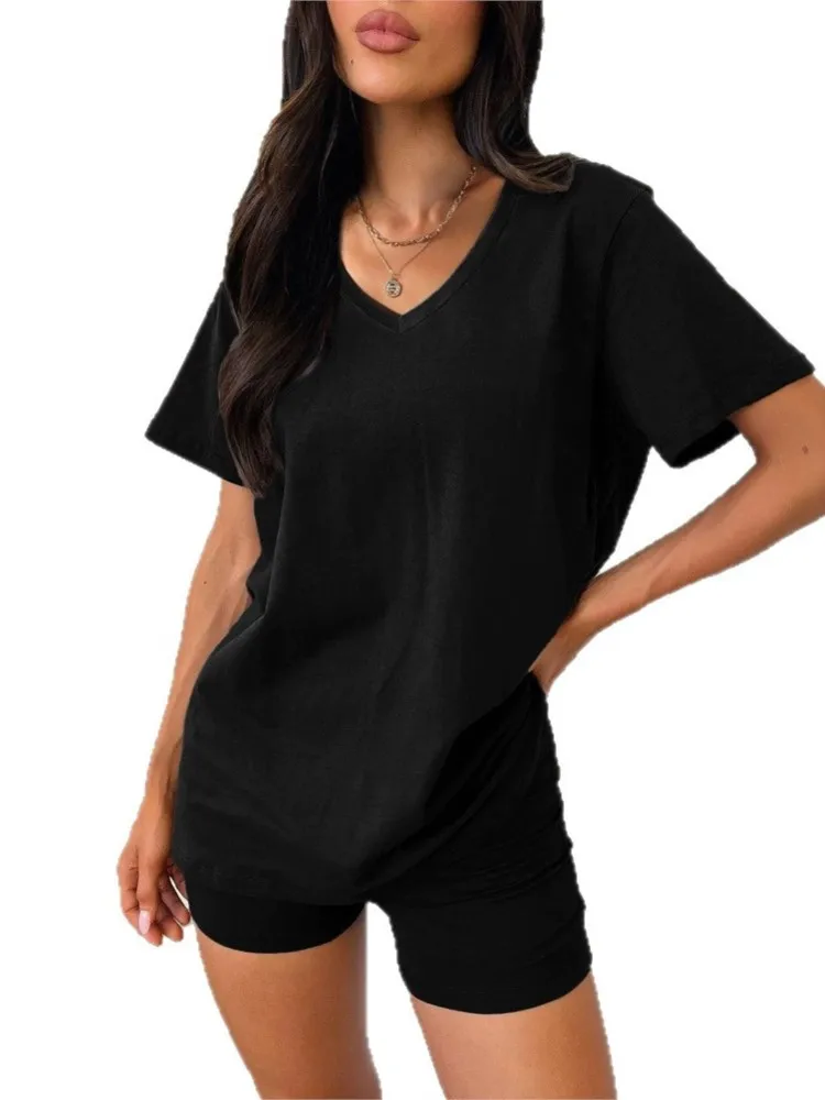 Summer V-neck Casual Solid Short-sleeved Shorts Suit New Fashion Elegant Balck Office Holiday Party Woman 2 Piece Set Outfit thumbnail 6